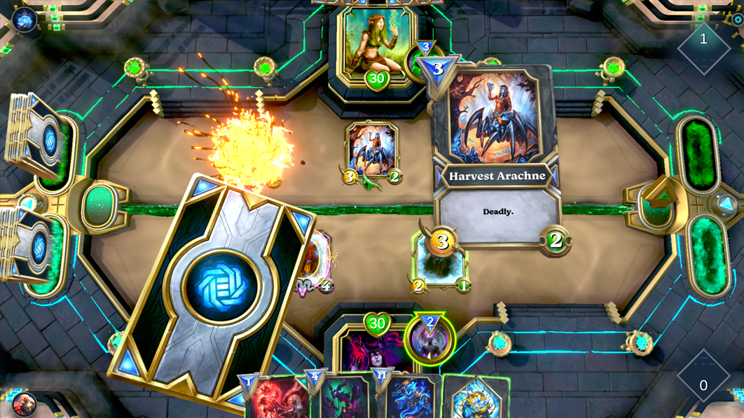 Digital card battle in Gods Unchained featuring a Harvest Arachne card and combat animations on a fantasy-themed board