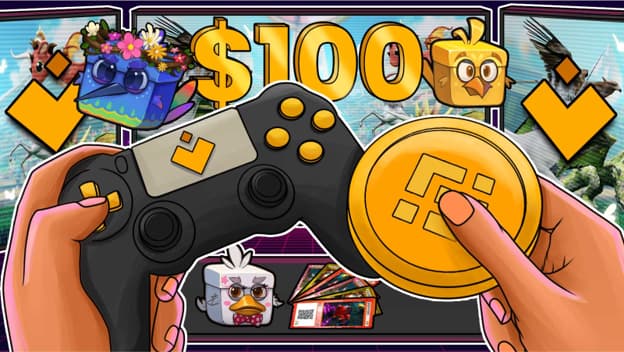 Hand holding a game controller next to a gold cryptocurrency coin in a colorful crypto gaming interface with tokens, NFT-style icons, and a $100 reward banner in the background