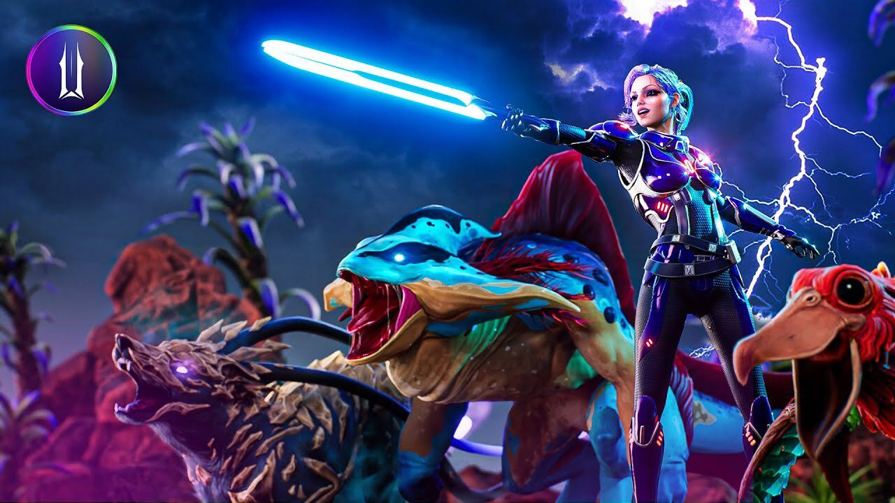 Illuvium Ranger in battle armor holding an energy sword, surrounded by various alien creatures on a stormy rocky landscape
